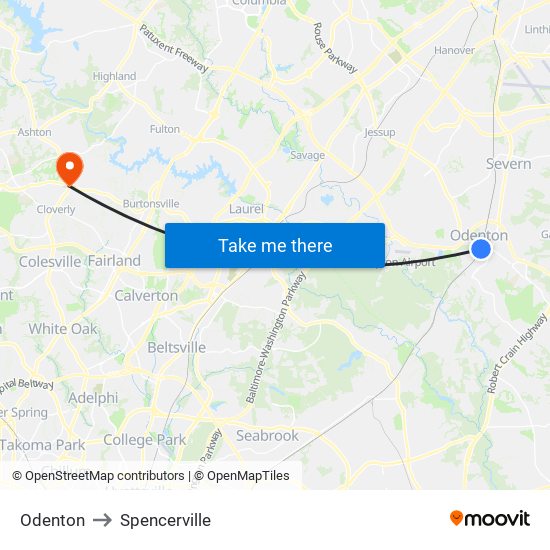 Odenton to Spencerville map