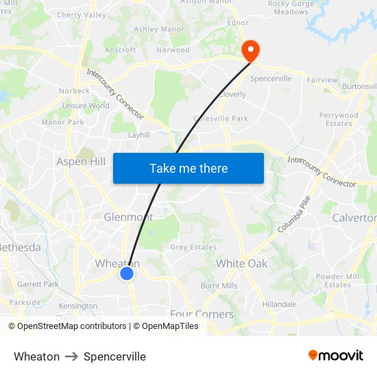 Wheaton to Spencerville map