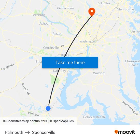 Falmouth to Spencerville map