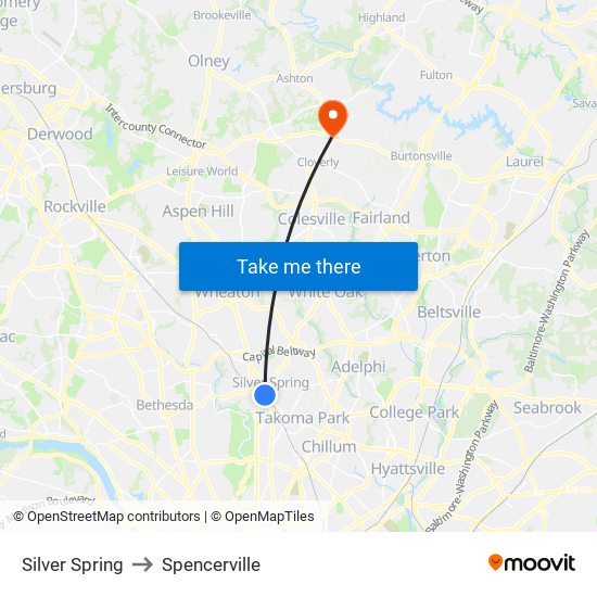 Silver Spring to Spencerville map