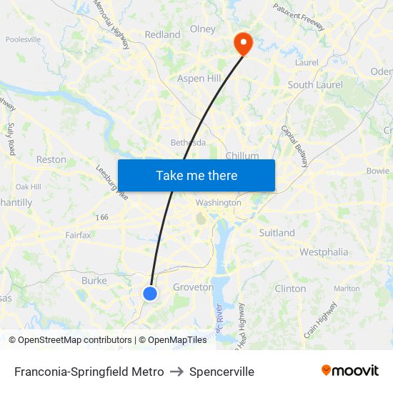 Franconia-Springfield Metro to Spencerville map