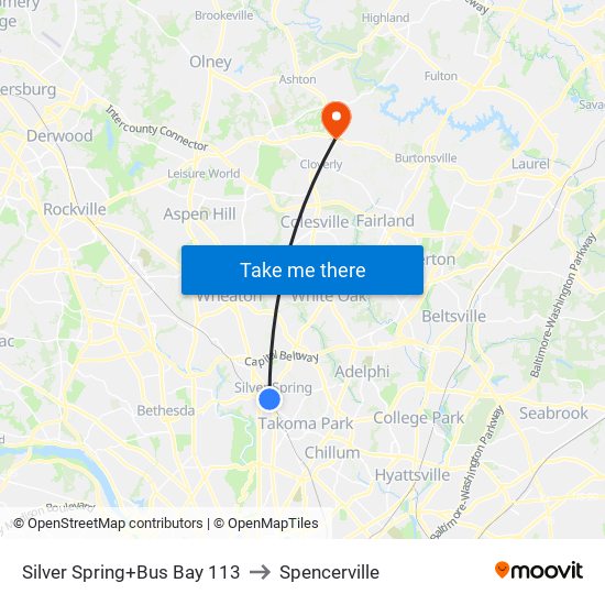 Silver Spring+Bus Bay 113 to Spencerville map