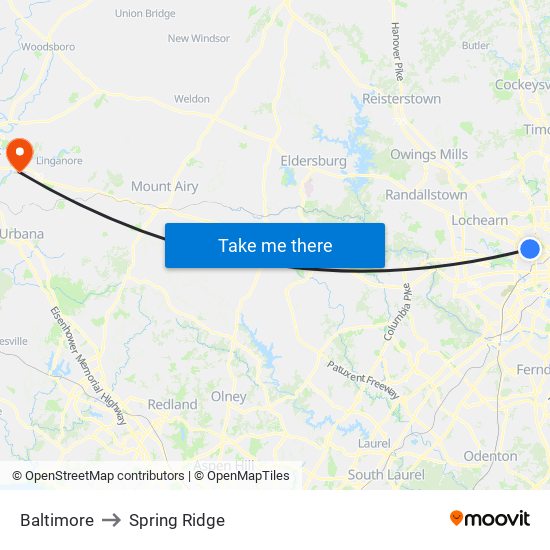Baltimore to Spring Ridge map