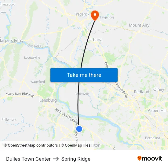 Dulles Town Center to Spring Ridge map