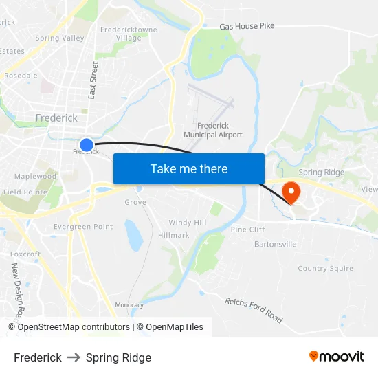 Frederick to Spring Ridge map