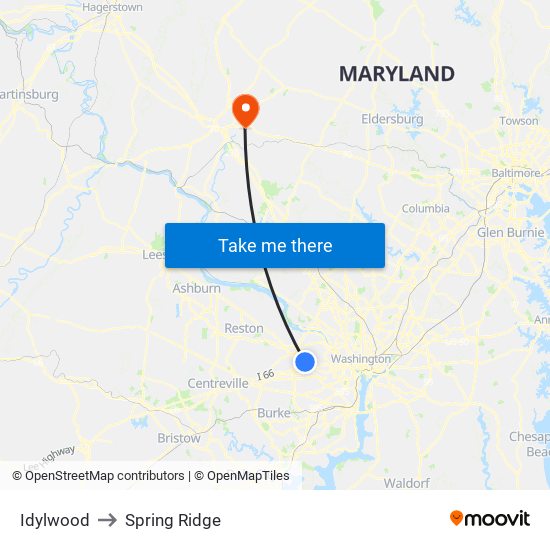 Idylwood to Spring Ridge map
