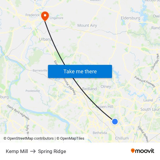 Kemp Mill to Spring Ridge map