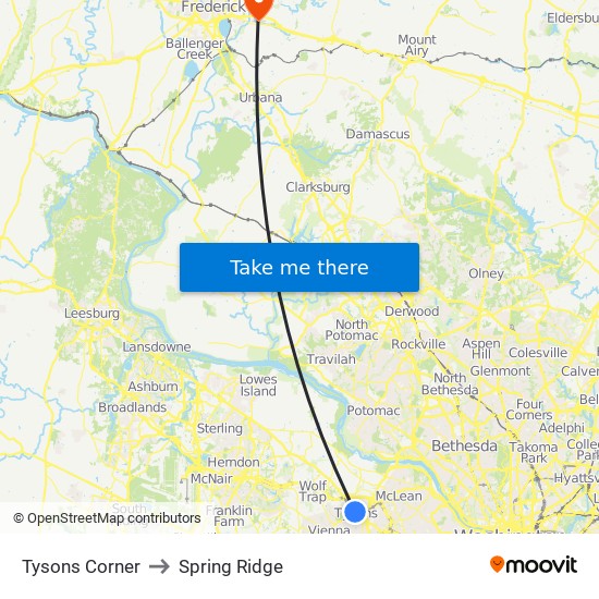 Tysons Corner to Spring Ridge map