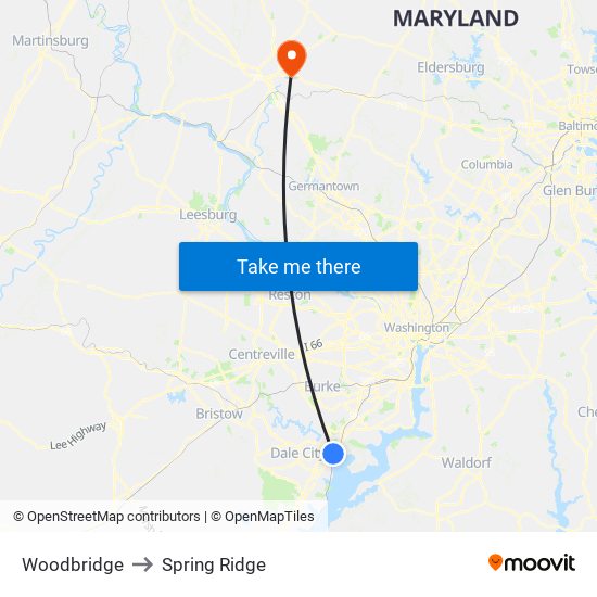 Woodbridge to Spring Ridge map