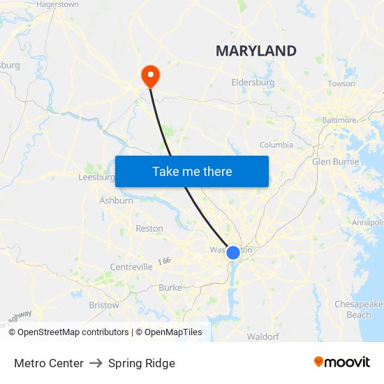 Metro Center to Spring Ridge map