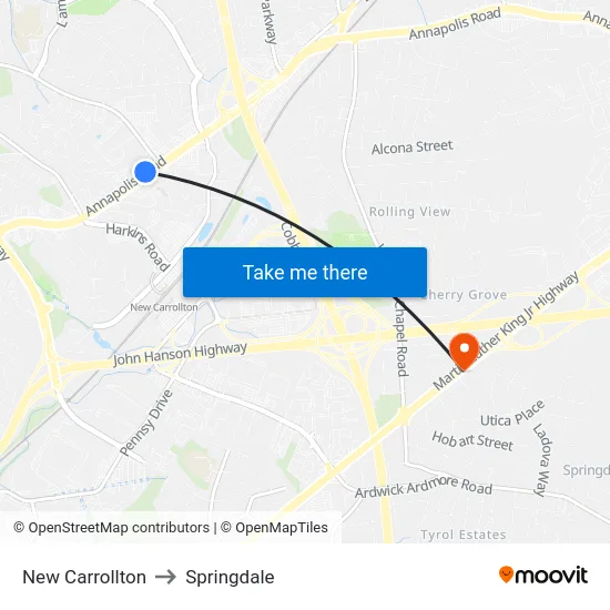 New Carrollton to Springdale map