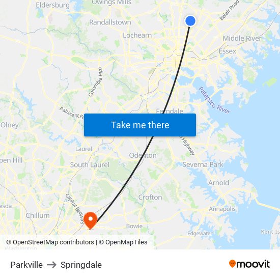 Parkville to Springdale map