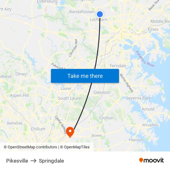 Pikesville to Springdale map