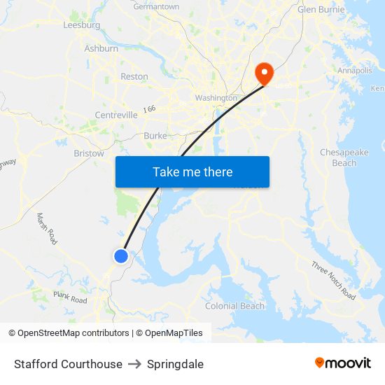 Stafford Courthouse to Springdale map