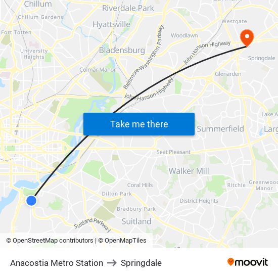 Anacostia Metro Station to Springdale map