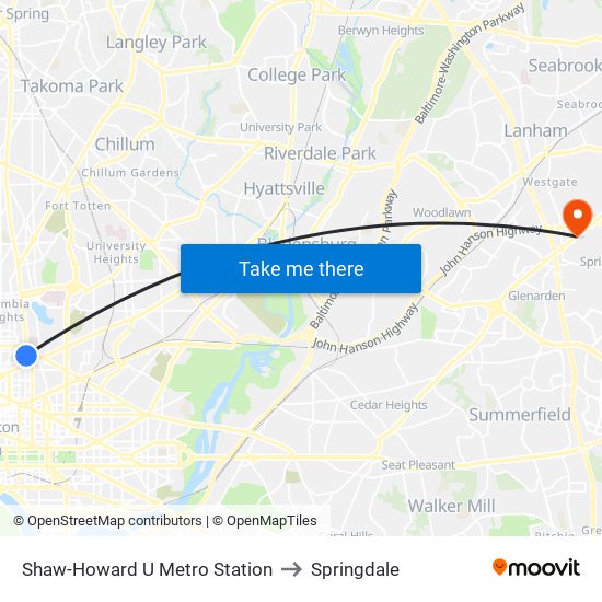 Shaw-Howard U Metro Station to Springdale map