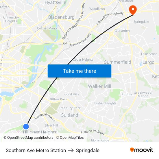 Southern Ave Metro Station to Springdale map