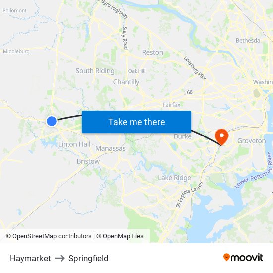 Haymarket to Springfield map