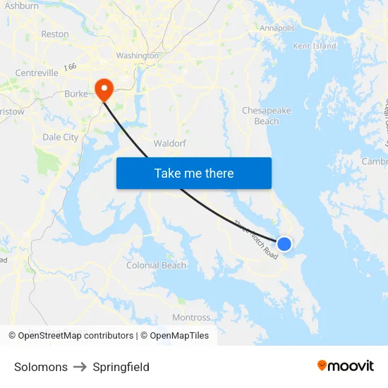 Solomons to Springfield map