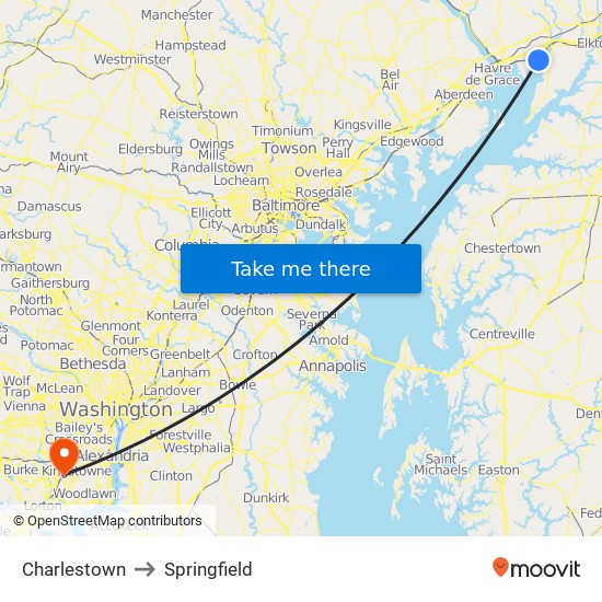 Charlestown to Springfield map