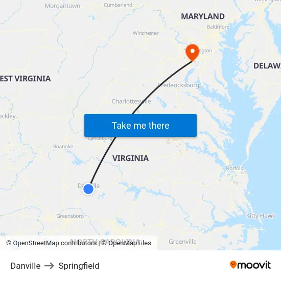 Danville to Springfield map