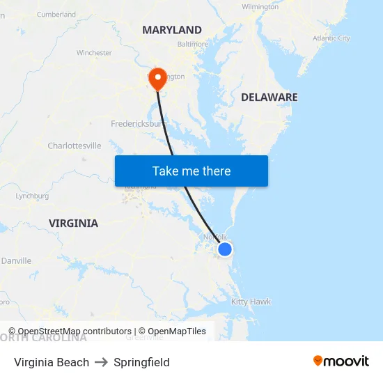 Virginia Beach to Springfield map