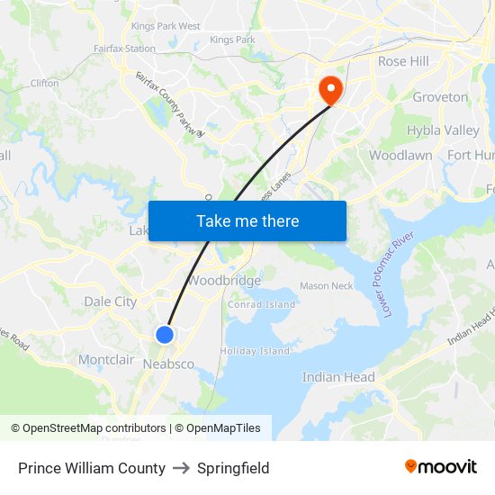 Prince William County to Springfield map