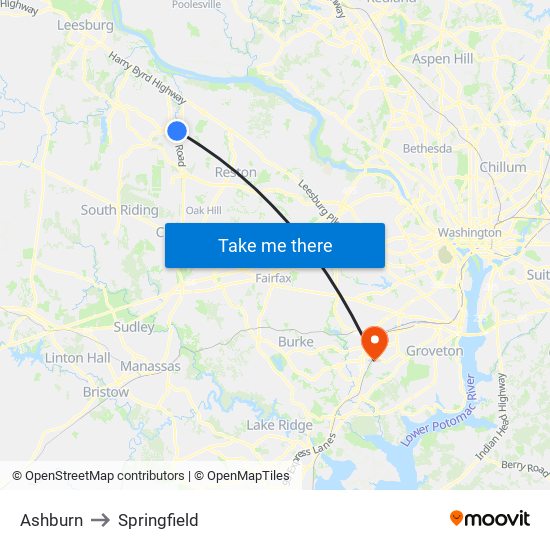 Ashburn to Springfield map