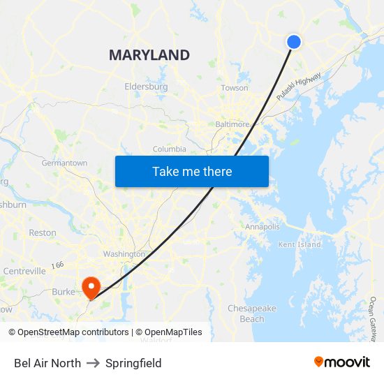 Bel Air North to Springfield map