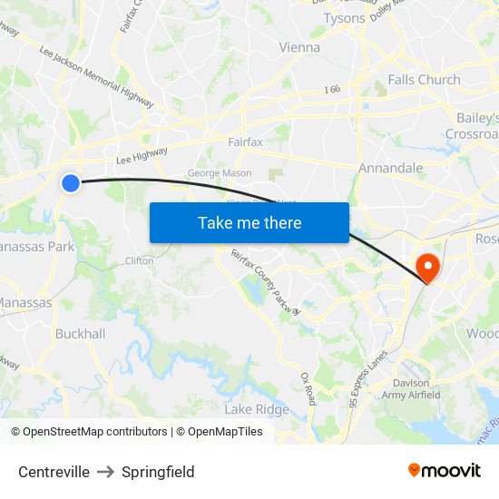 Centreville to Springfield map