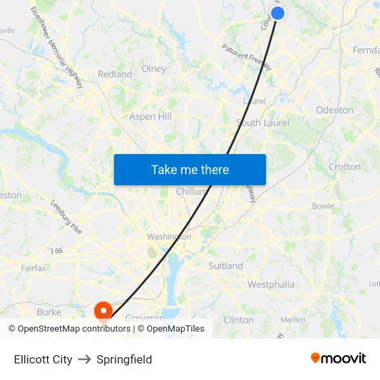 Ellicott City to Springfield map