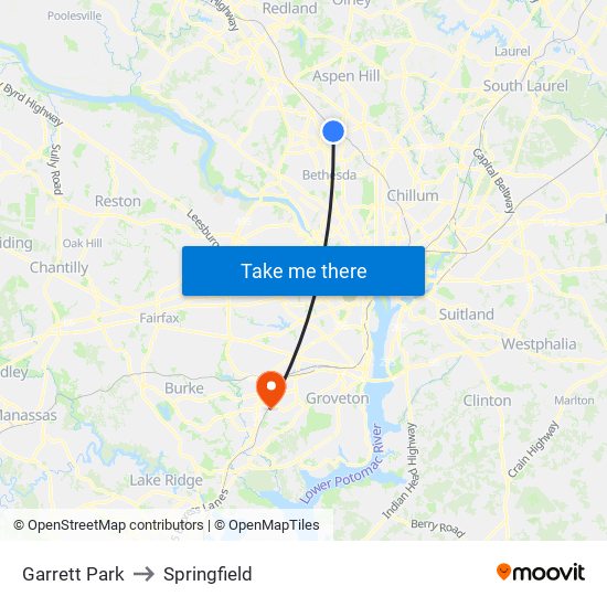 Garrett Park to Springfield map