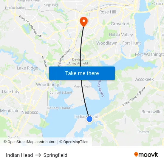 Indian Head to Springfield map