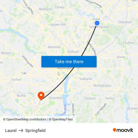 Laurel to Springfield map