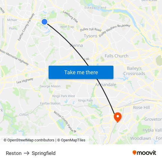 Reston to Springfield map