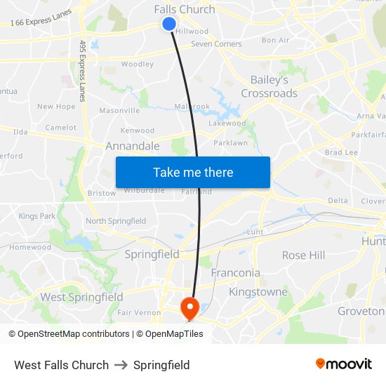 West Falls Church to Springfield map