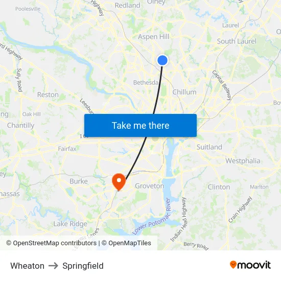 Wheaton to Springfield map
