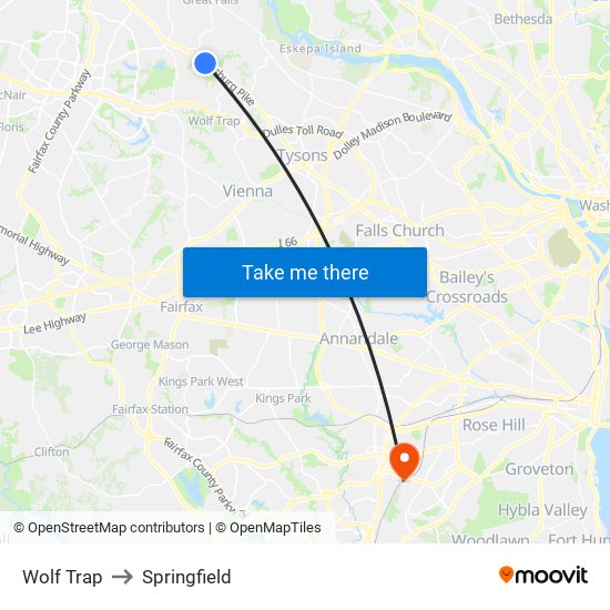 Wolf Trap to Springfield map