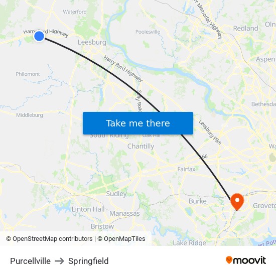 Purcellville to Springfield map