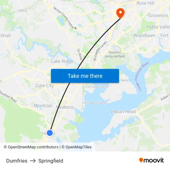 Dumfries to Springfield map