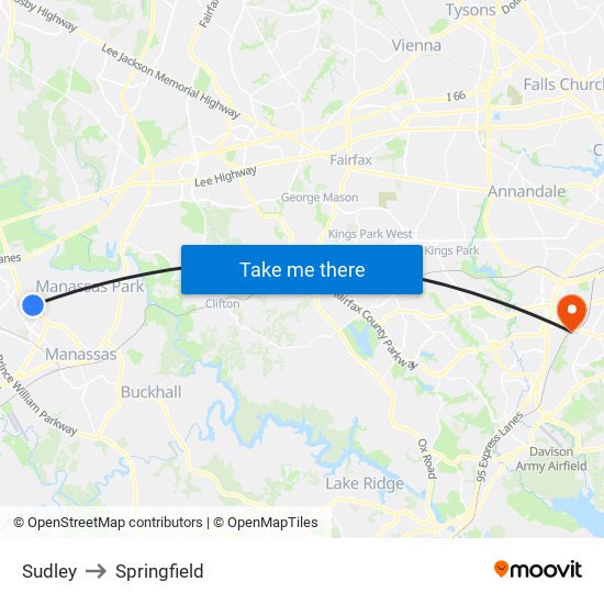 Sudley to Springfield map