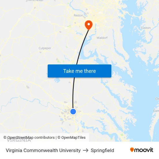 Virginia Commonwealth University to Springfield map