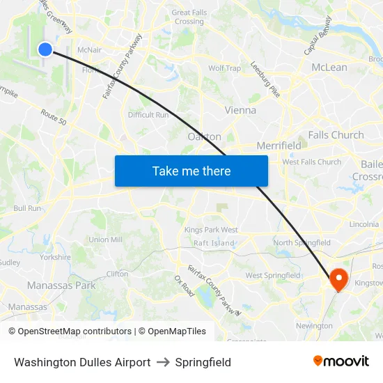 Washington Dulles Airport to Springfield map