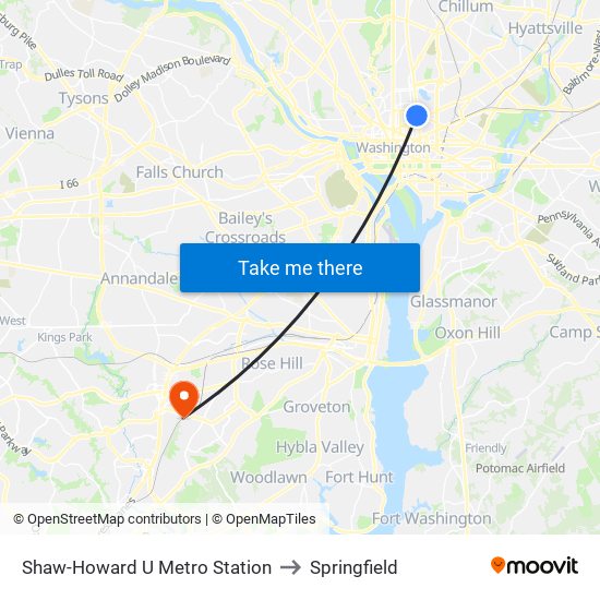Shaw-Howard U Metro Station to Springfield map