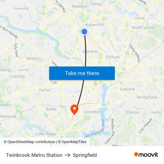 Twinbrook Metro Station to Springfield map