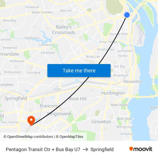 Pentagon Transit Ctr + Bus Bay U7 to Springfield map