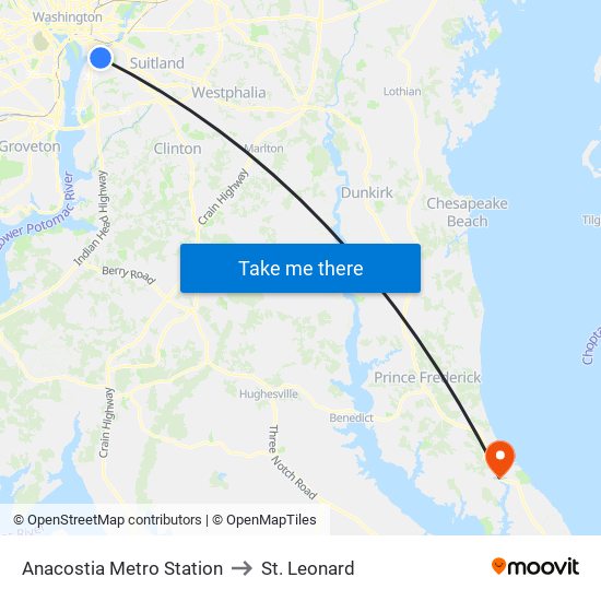 Anacostia Metro Station to St. Leonard map