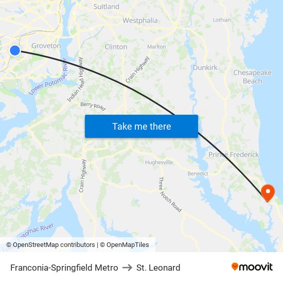 Franconia-Springfield Metro to St. Leonard map