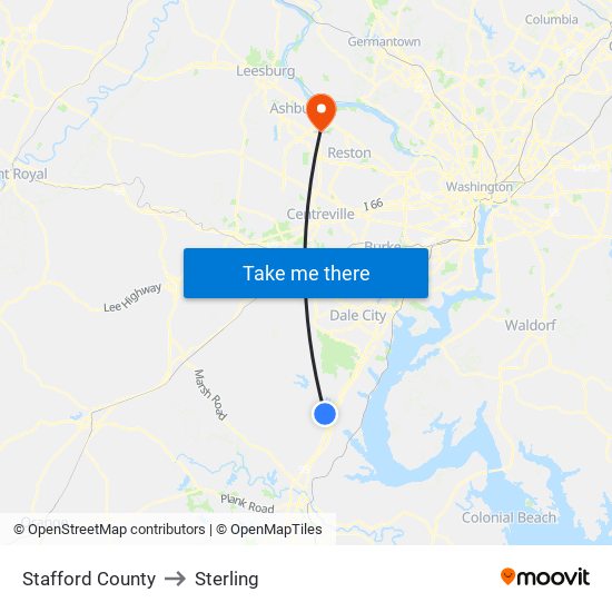 Stafford County to Sterling map