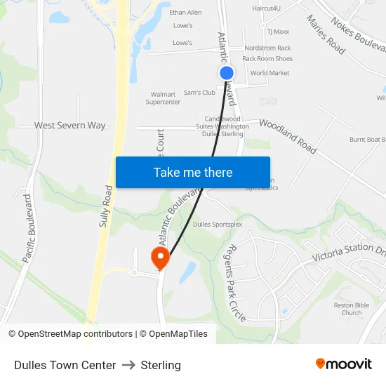 Dulles Town Center to Sterling map